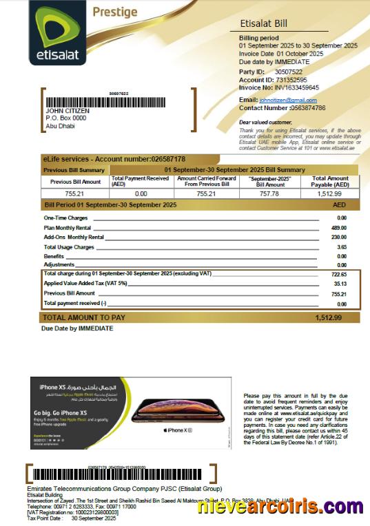 UAE Etisalat utility bill, version 2